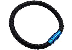 Mens Black Leather And Blue Plated Stainless Steel Bracelet