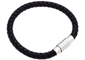 Mens Black Leather And Stainless Steel Bracelet