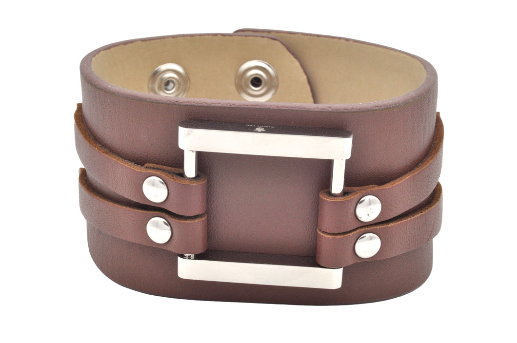 Mens Brown Leather Stainless Steel Bracelet - Blackjack Jewelry