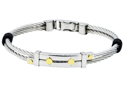 Mens Stainless Steel Wire Bangle With Gold Screws - Blackjack Jewelry