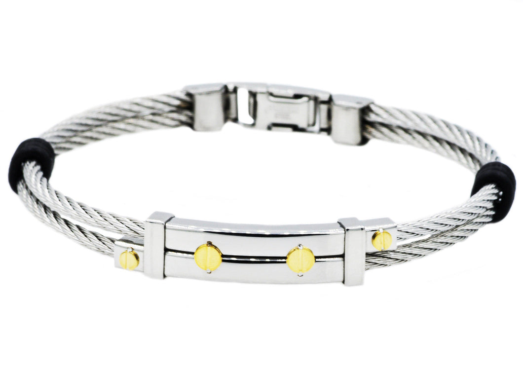 Mens Stainless Steel Wire Bangle With Gold Screws - Blackjack Jewelry