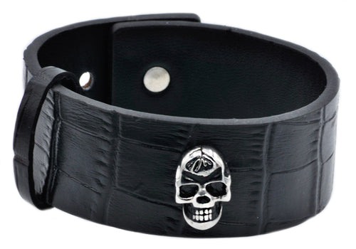 Mens Stainless Steel And Leather Skull Bracelet - Blackjack Jewelry