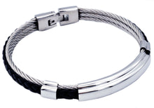 Load image into Gallery viewer, Mens Black Leather Stainless Steel Wire Bangle - Blackjack Jewelry
