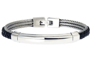 Mens Black Leather Stainless Steel Wire Bangle - Blackjack Jewelry