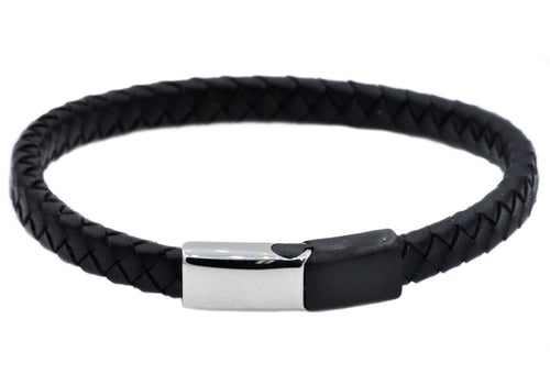 Mens Black Leather And Black Stainless Steel Bracelet - Blackjack Jewelry