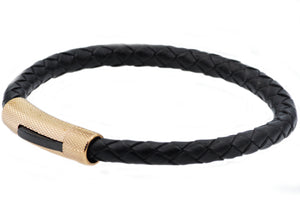 Mens Black Leather And Gold Stainless Steel Bracelet - Blackjack Jewelry
