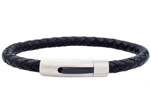 Mens Black Leather And Stainless Steel Bracelet - Blackjack Jewelry