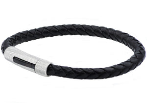 Mens Black Leather And Stainless Steel Bracelet - Blackjack Jewelry