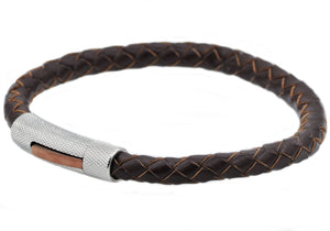 Mens Brown Leather And Stainless Steel Bracelet - Blackjack Jewelry