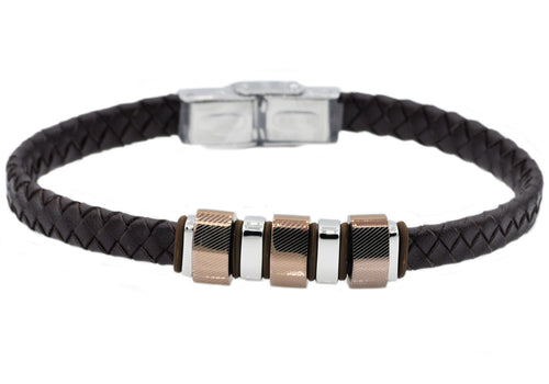 Mens Brown Leather And Stainless Steel Bracelet - Blackjack Jewelry