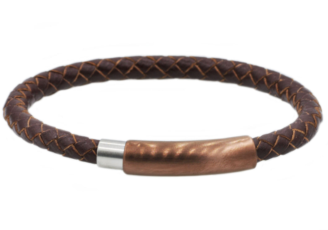 Mens Brown Leather And Chocolate Stainless Steel Bracelet - Blackjack Jewelry