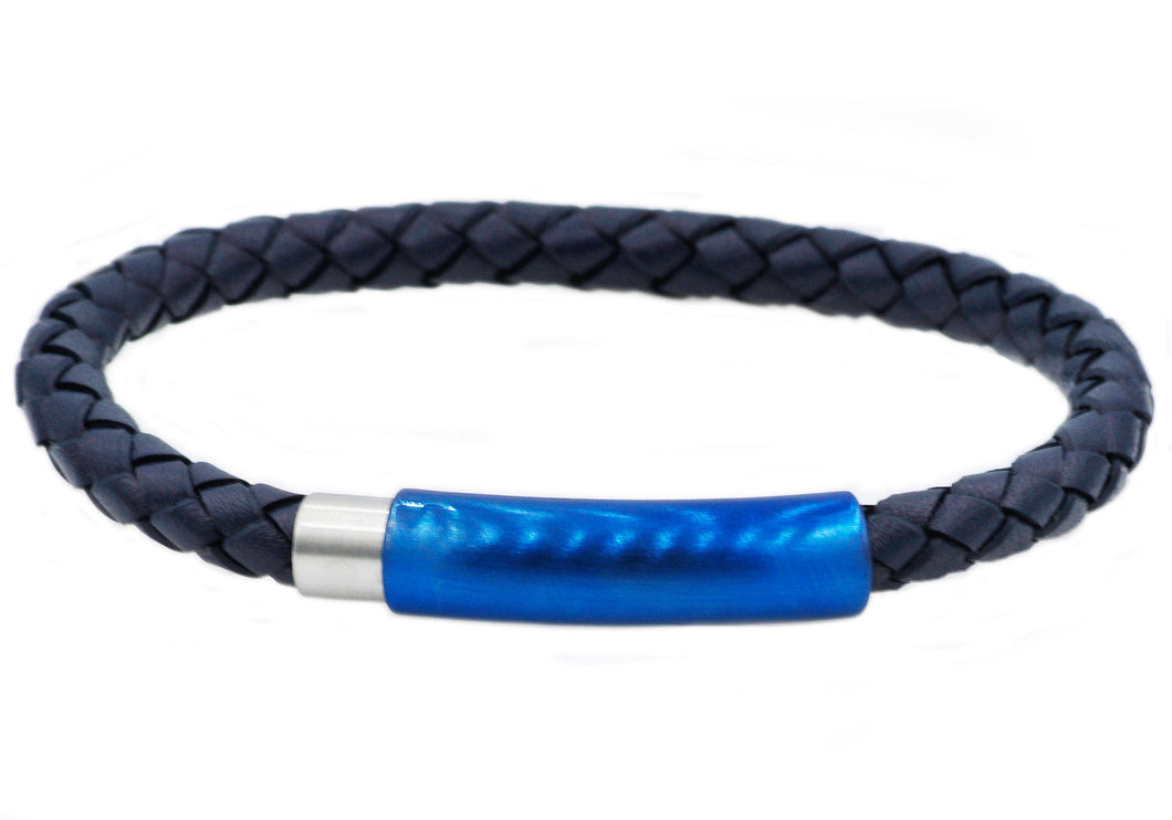 Mens Blue Leather And Blue Stainless Steel Bracelet - Blackjack Jewelry