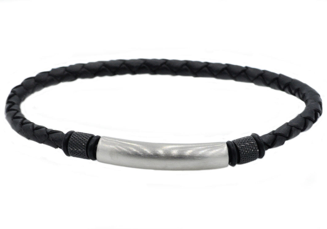 Mens Black Leather And Stainless Steel Bracelet - Blackjack Jewelry