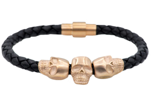 Mens Black Leather And Rose Stainless Steel Skull Bracelet - Blackjack Jewelry