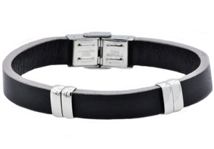 Mens Black And Gray Leather Stainless Steel Bracelet - Blackjack Jewelry