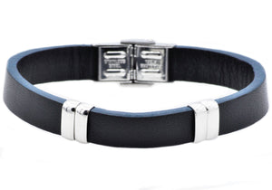 Mens Black And Blue Leather Stainless Steel Bracelet - Blackjack Jewelry