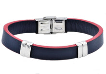 Load image into Gallery viewer, Mens Blue And Red Leather Stainless Steel Bracelet - Blackjack Jewelry
