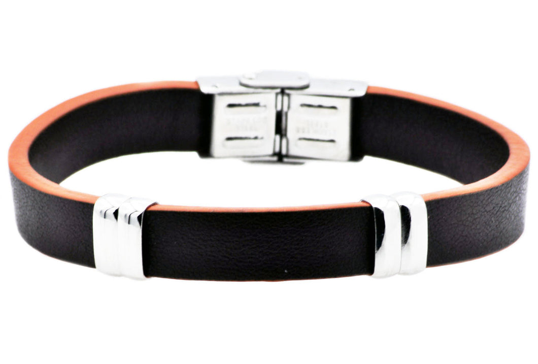 Mens Brown And Orange Leather Stainless Steel Bracelet - Blackjack Jewelry