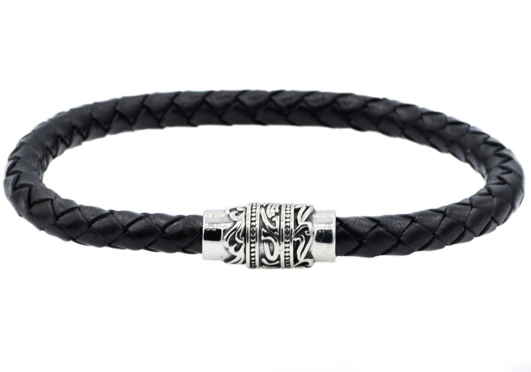 Mens Black Leather And Stainless Steel Bracelet - Blackjack Jewelry