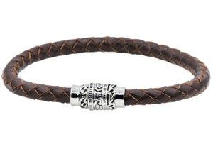 Mens Brown Leather And Stainless Steel Bracelet - Blackjack Jewelry