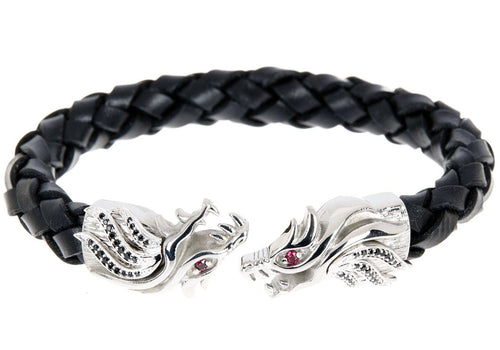 Mens Black Leather Stainless Steel Dragon Bracelet With Red And Black Cubic Zirconia - Blackjack Jewelry