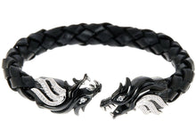 Load image into Gallery viewer, Mens Black Leather Stainless Steel Dragon Bracelet With Cubic Zirconia - Blackjack Jewelry
