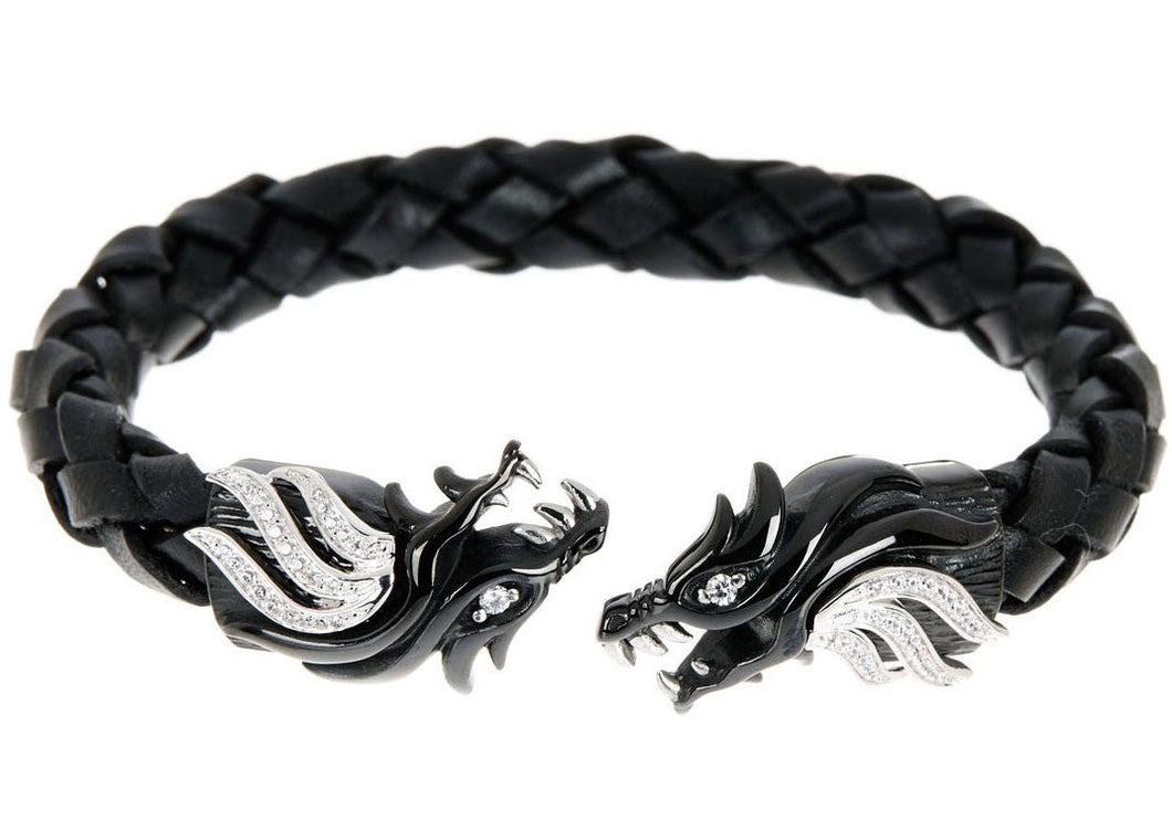 Mens Black Leather Stainless Steel Dragon Bracelet With Cubic Zirconia - Blackjack Jewelry