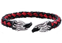 Load image into Gallery viewer, Mens Red And Black Leather Black Stainless Steel Eagle Bracelet With Black Cubic Zirconia - Blackjack Jewelry
