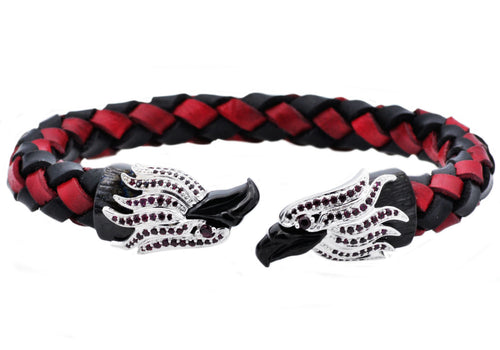 Mens Red And Black Leather Black Stainless Steel Eagle Bracelet With Black Cubic Zirconia - Blackjack Jewelry