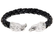Load image into Gallery viewer, Mens Black Leather Stainless Steel Eagle Bracelet With Cubic Zirconia - Blackjack Jewelry
