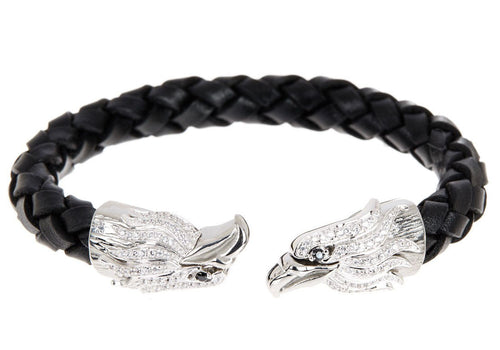 Mens Black Leather Stainless Steel Eagle Bracelet With Cubic Zirconia - Blackjack Jewelry