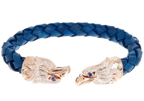 Mens Blue Leather Rose Stainless Steel Eagle Bracelet With Blue And White Cubic Zirconia - Blackjack Jewelry