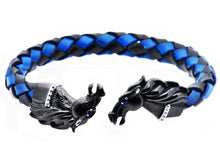 Load image into Gallery viewer, Mens Black And Blue Leather Black Stainless Steel Horse Bracelet With Blue Cubic Zirconia - Blackjack Jewelry

