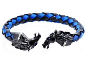 Mens Black And Blue Leather Black Stainless Steel Horse Bracelet With Blue Cubic Zirconia - Blackjack Jewelry
