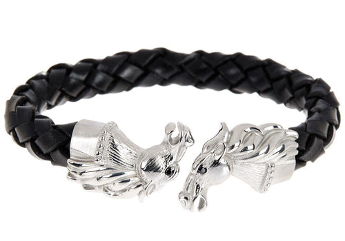 Mens Black Leather Stainless Steel Horse Bracelet With Black Cubic Zirconia - Blackjack Jewelry