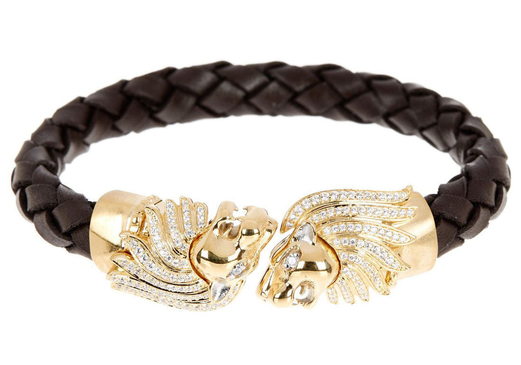 Mens Brown Leather Gold Stainless Steel Lion Bracelet With Cubic Zirconia - Blackjack Jewelry