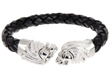 Load image into Gallery viewer, Mens Black Leather Stainless Steel Lion Bracelet With Cubic Zirconia - Blackjack Jewelry
