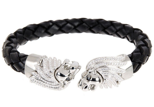 Mens Black Leather Stainless Steel Lion Bracelet With Cubic Zirconia - Blackjack Jewelry