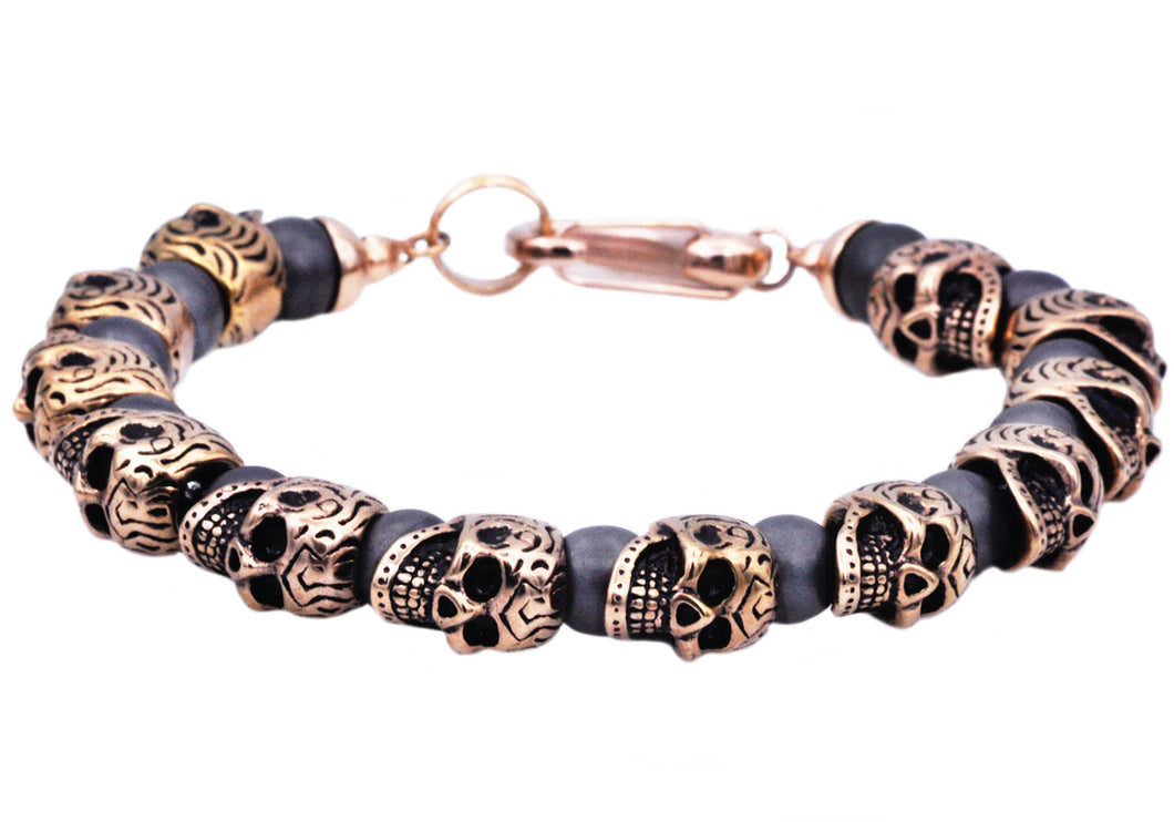 Mens Genuine Hematite Rose Stainless Steel Skull Beaded Bracelet - Blackjack Jewelry