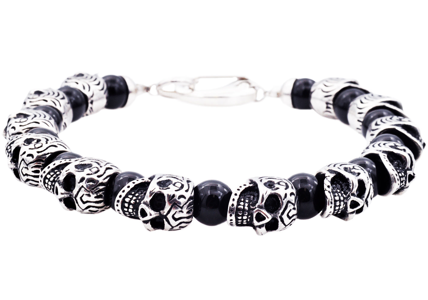 Mens Genuine Onyx Stainless Steel Skull Beaded Bracelet