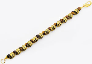 Mens Genuine Tiger Eye Gold Stainless Steel Skull Beaded Bracelet - Blackjack Jewelry