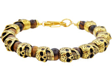 Load image into Gallery viewer, Mens Genuine Tiger Eye Gold Stainless Steel Skull Beaded Bracelet - Blackjack Jewelry

