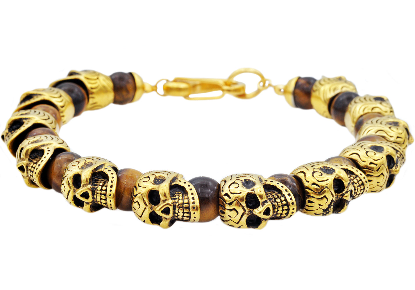 Skull Bracelet Golden Brass Skulls 7 8 9 Inch Man Men's Bracelet Stret –  Spyglass Designs