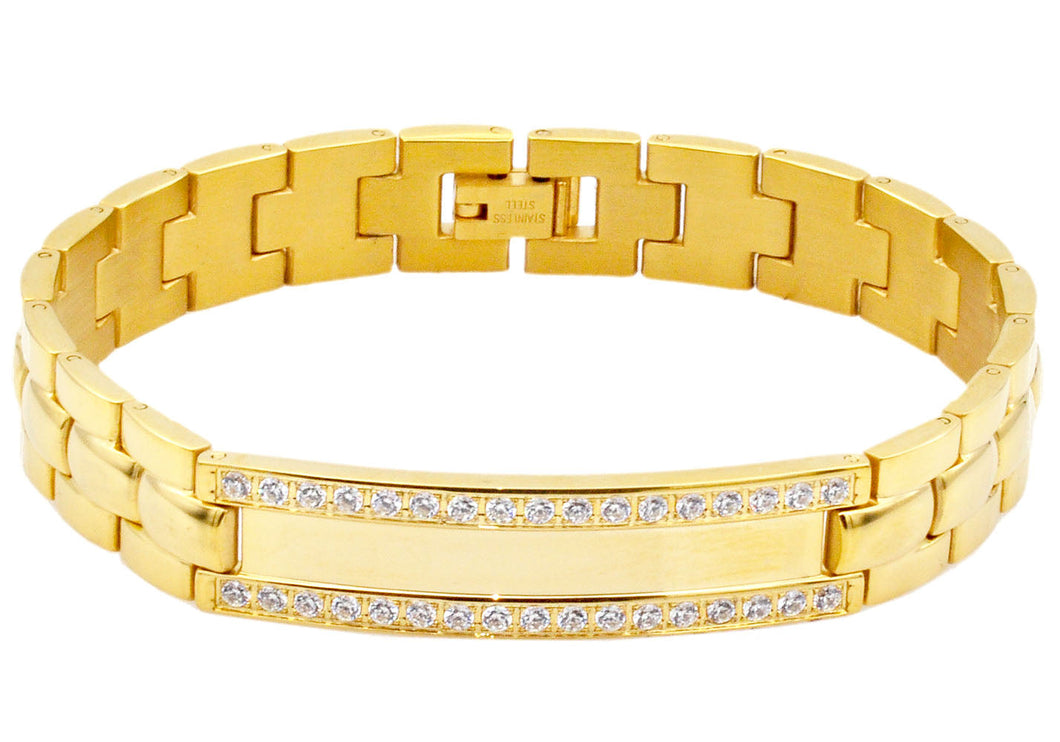 Mens Gold Plated Stainless Steel ID-Engravable Bracelet With Cubic Zirconia - Blackjack Jewelry