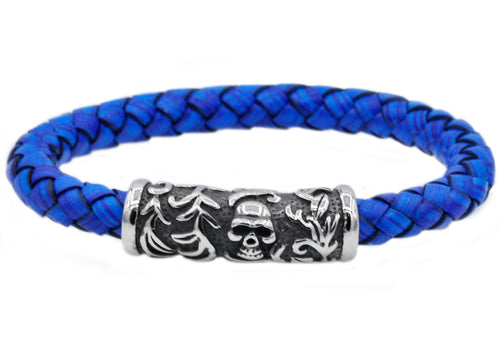 Mens Blue Leather And Stainless Steel Skull Bracelet - Blackjack Jewelry