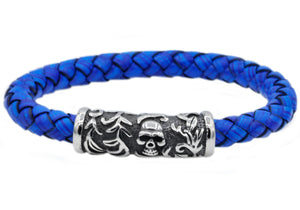 Mens Blue Leather And Stainless Steel Skull Bracelet - Blackjack Jewelry