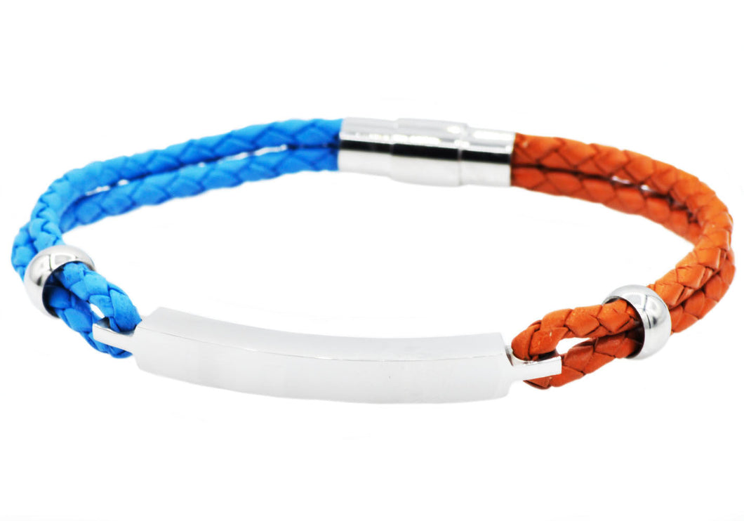 Mens Blue And Orange Leather And Stainless Steel Bracelet - Blackjack Jewelry