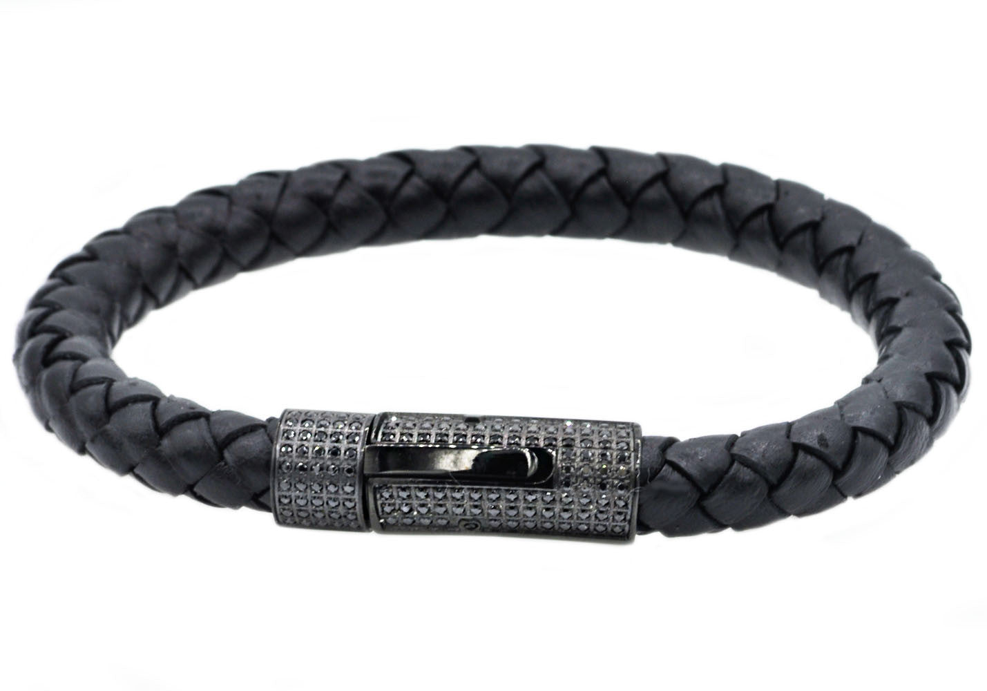 Mens Black Leather and Black Stainless Steel Bracelet with Cubic Zirconia