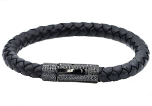 Mens Black Leather And Black Stainless Steel Bracelet With Black Cubic Zirconia - Blackjack Jewelry