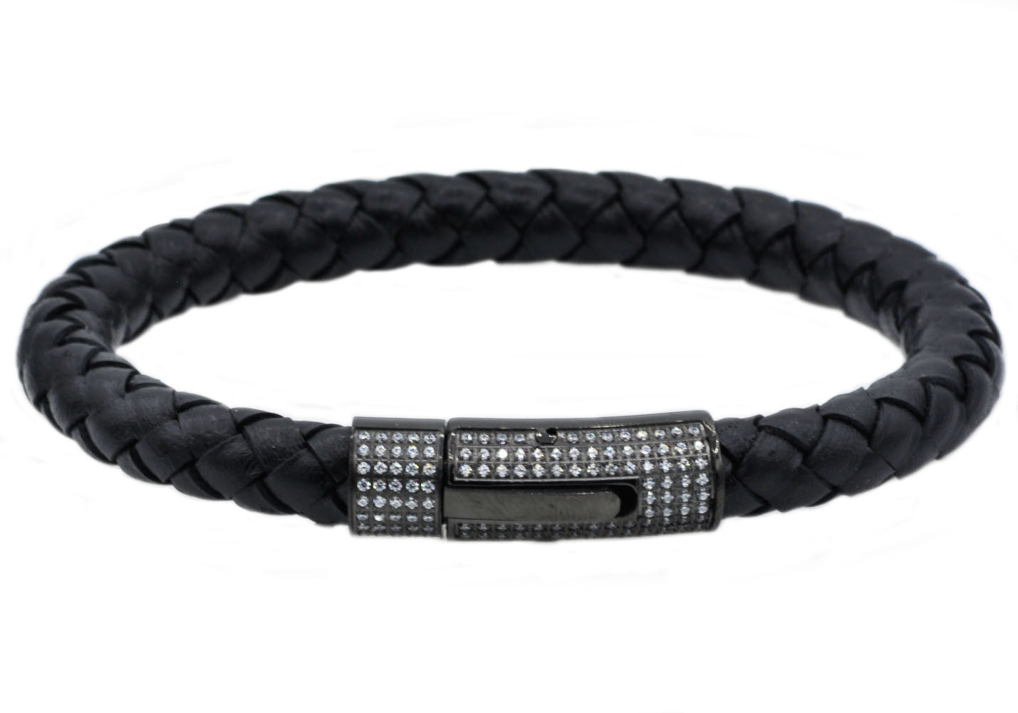 Mens Black Leather and Black Stainless Steel Bracelet with Cubic Zirconia